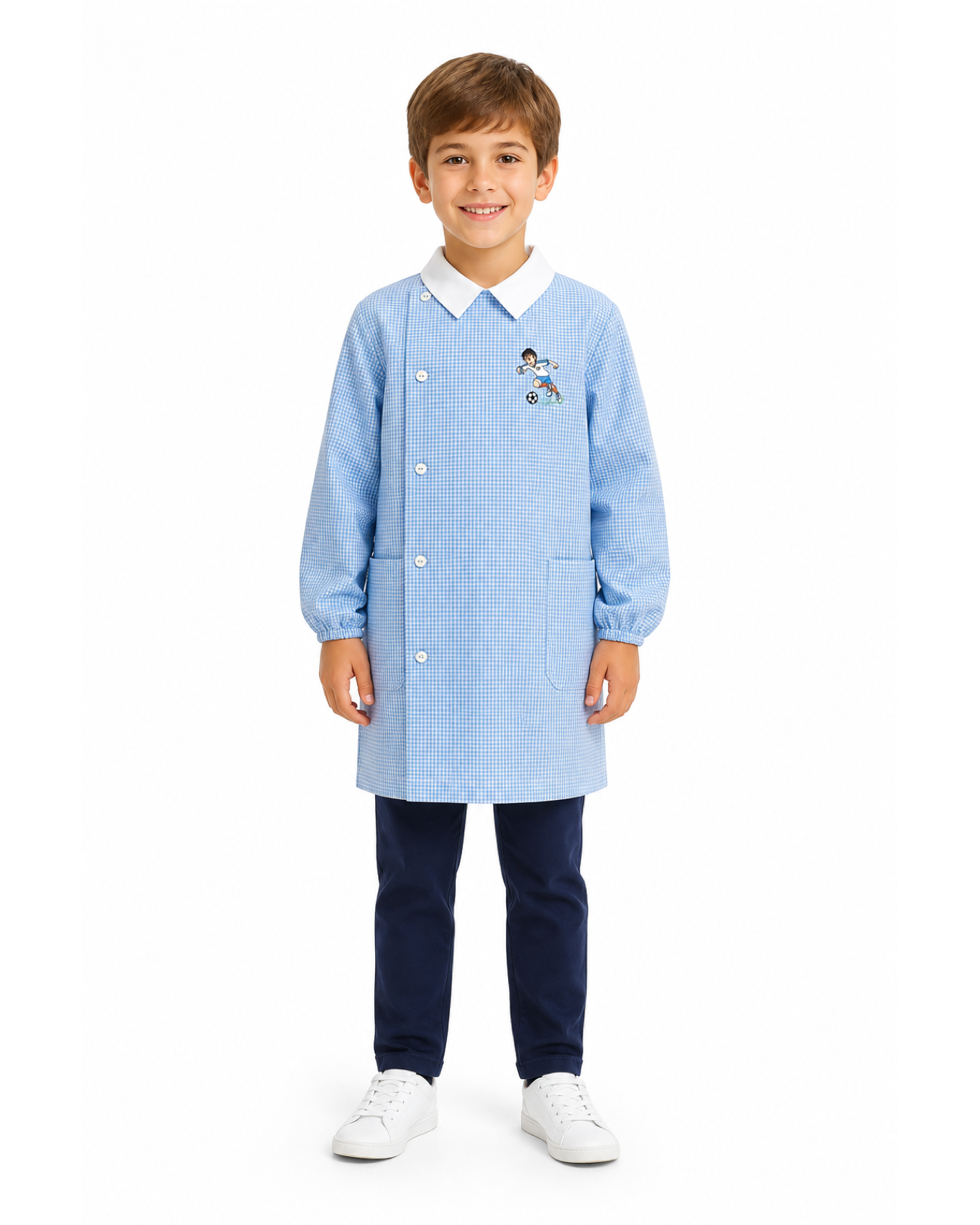 Grembiule asilo quadretti azzurri bambino con abbottonatura laterale Siggi ricamo Italia 4043