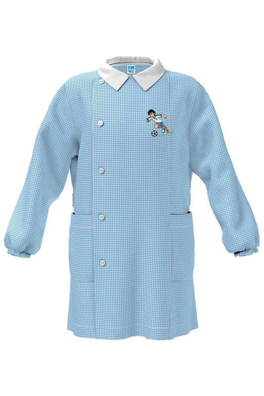 Grembiule asilo quadretti azzurri bambino con abbottonatura laterale Siggi ricamo Italia 4043