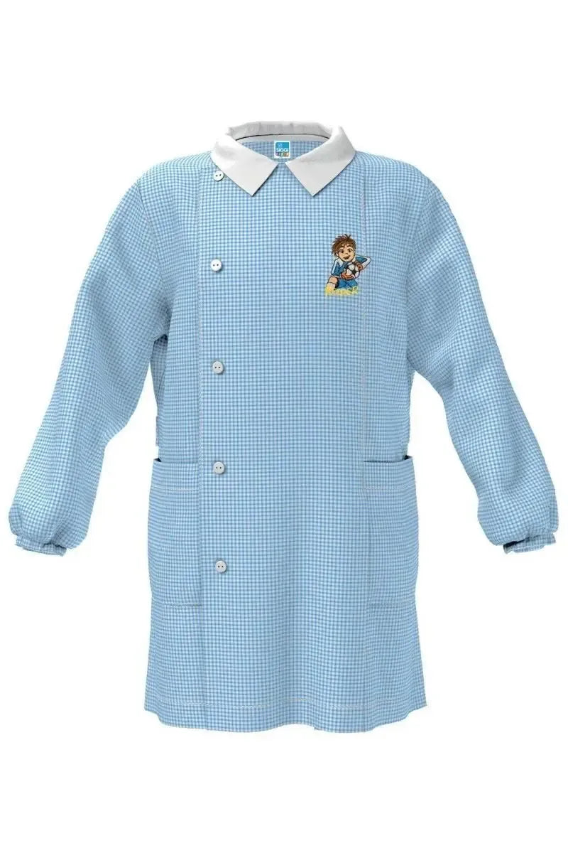 Grembiule asilo quadretti azzurri bambino con abbottonatura laterale Siggi ricamo Keeper 4045