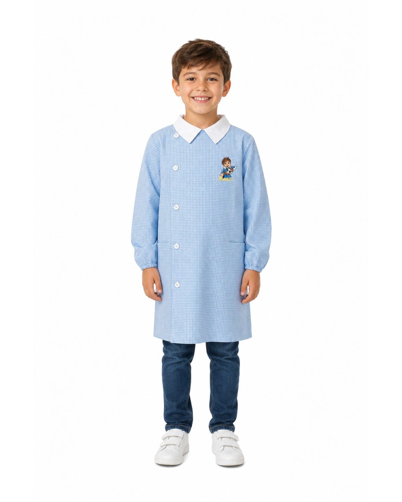 Grembiule asilo quadretti azzurri bambino con abbottonatura laterale Siggi ricamo Keeper 4045