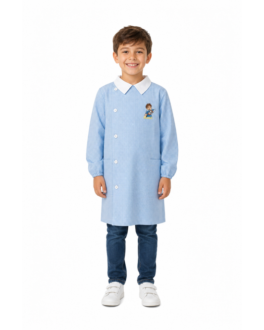 Grembiule asilo quadretti azzurri bambino con abbottonatura laterale Siggi ricamo Keeper 4045
