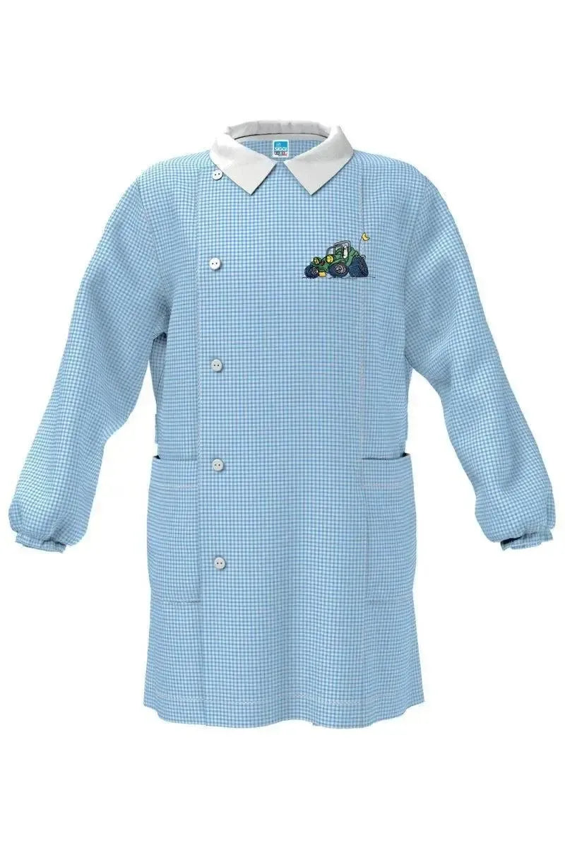 Grembiule asilo quadretti azzurri bambino con abbottonatura laterale Siggi ricamo Quad 4041