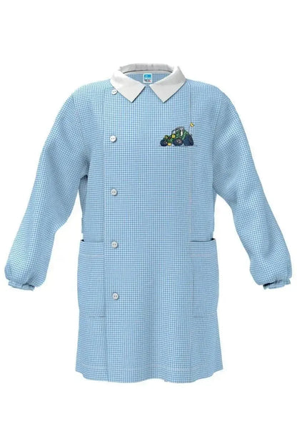 Grembiule asilo quadretti azzurri bambino con abbottonatura laterale Siggi ricamo Quad 4041