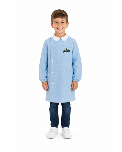 Grembiule asilo quadretti azzurri bambino con abbottonatura laterale Siggi ricamo Quad 4041