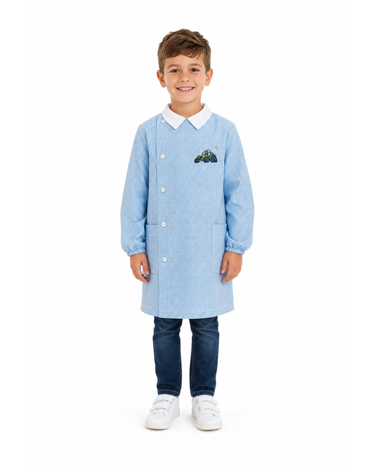 Grembiule asilo quadretti azzurri bambino con abbottonatura laterale Siggi ricamo Quad 4041