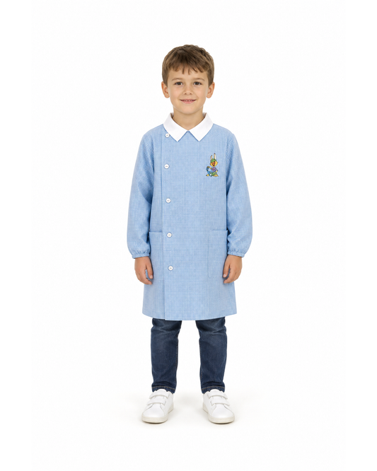 Grembiule asilo quadretti azzurri bambino con abbottonatura laterale Siggi ricamo Skate 4186