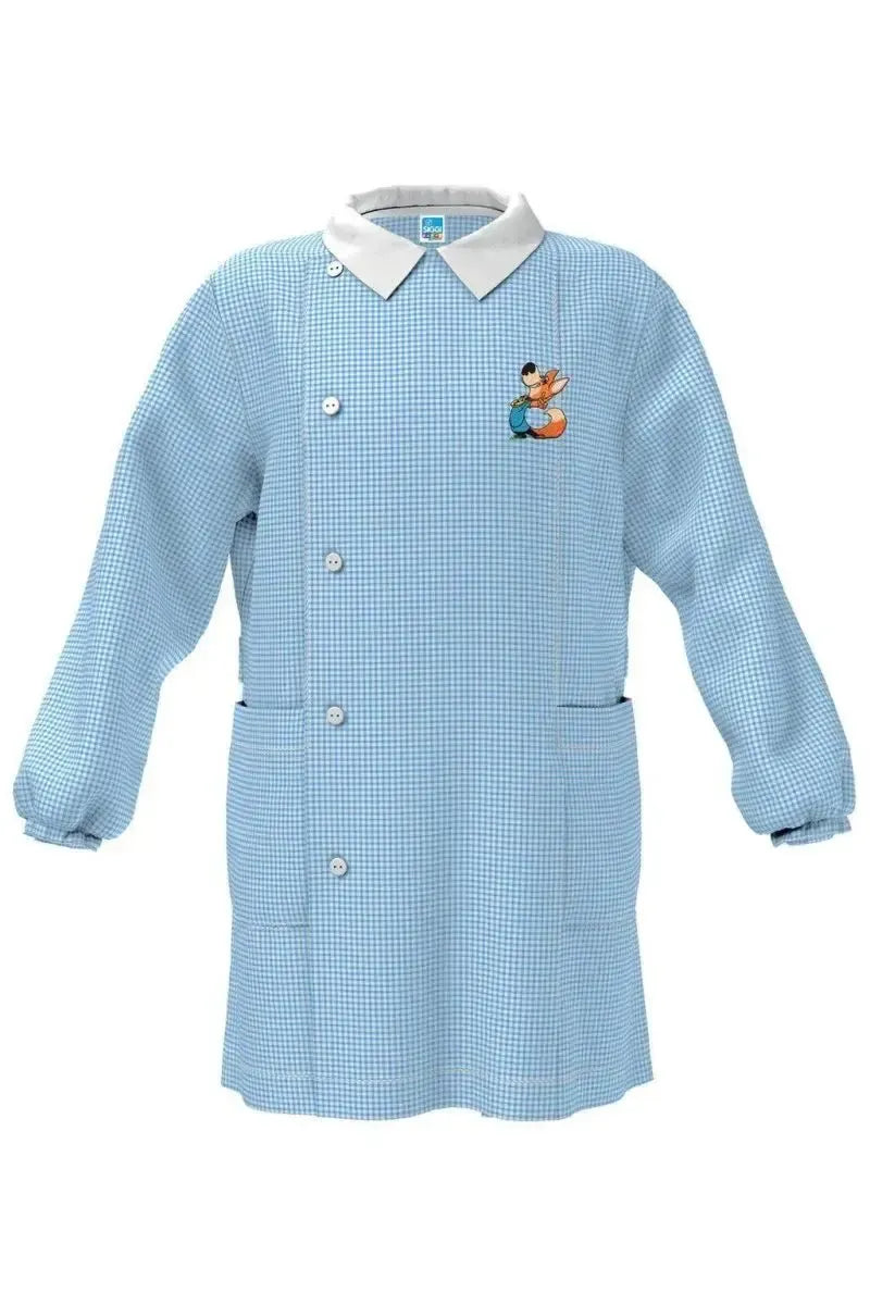 Grembiule asilo quadretti azzurri bambino con abbottonatura laterale Siggi ricamo Volpe 4040
