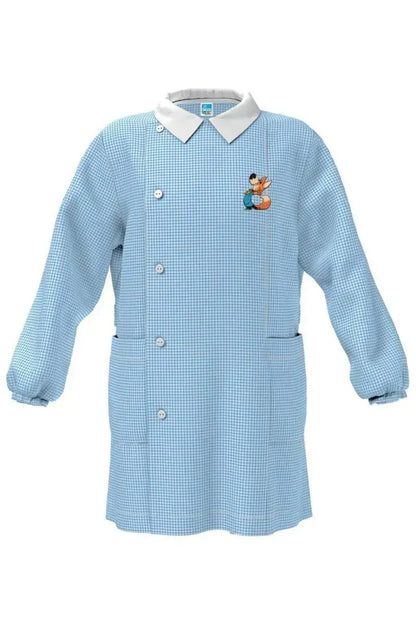 Grembiule asilo quadretti azzurri bambino con abbottonatura laterale Siggi ricamo Volpe 4040