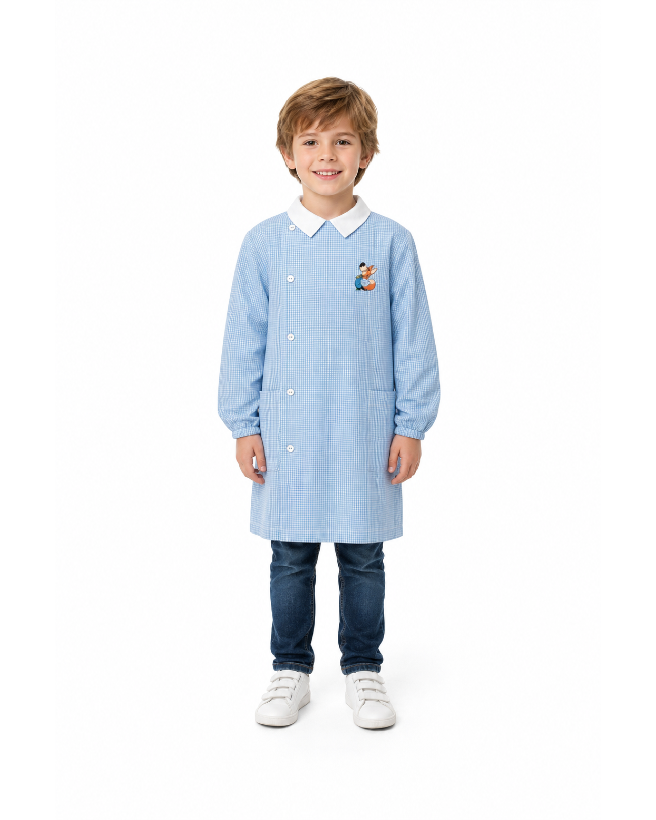 Grembiule asilo quadretti azzurri bambino con abbottonatura laterale Siggi ricamo Volpe 4040