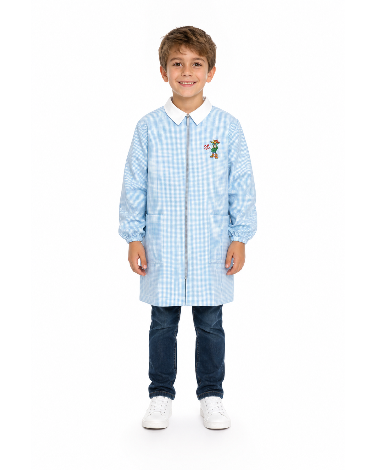 Grembiule asilo quadretti azzurri bambino con zip Siggi ricamo Oh Yeah 3901