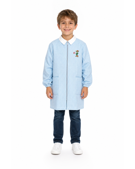 Grembiule asilo quadretti azzurri bambino con zip Siggi ricamo Oh Yeah 3901