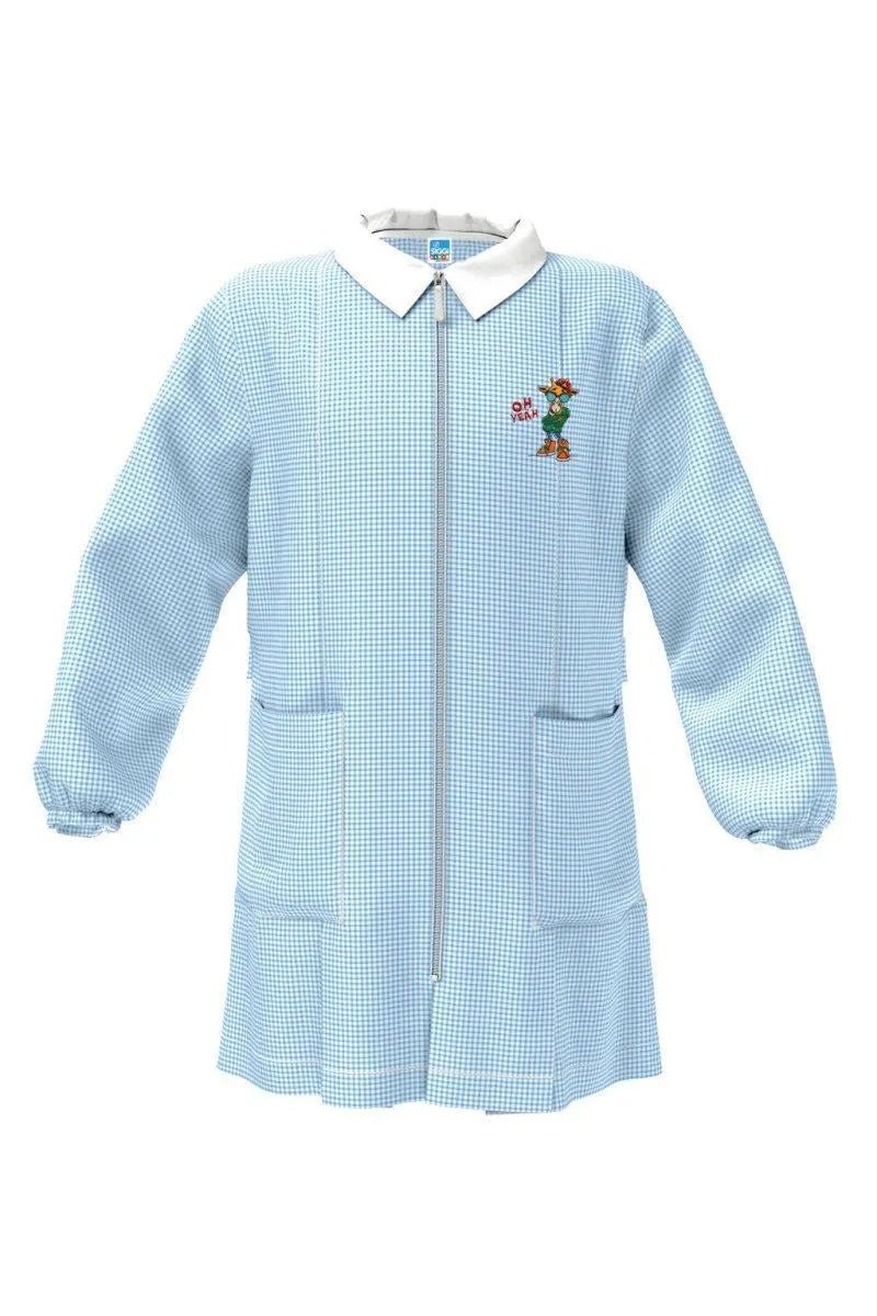 Grembiule asilo quadretti azzurri bambino con zip Siggi ricamo Oh Yeah 3901