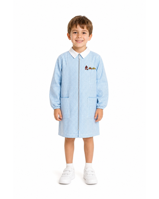 Grembiule asilo quadretti azzurri bambino con zip Siggi ricamo Transformers 4053