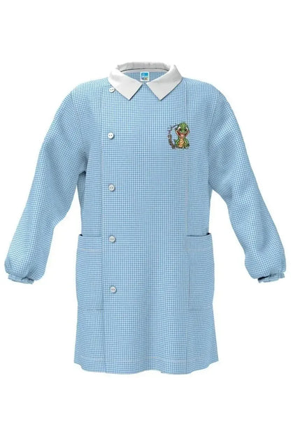 Grembiule asilo quadretti celesti bambino con abbottonatura laterale Siggi ricamo Draghetto 4182