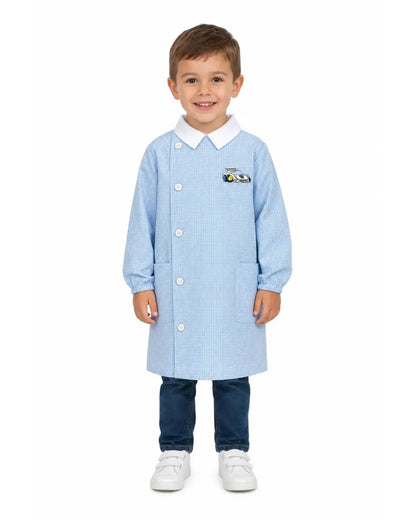 Grembiule asilo quadretti celesti bambino con abbottonatura laterale Siggi ricamo Rally 4181