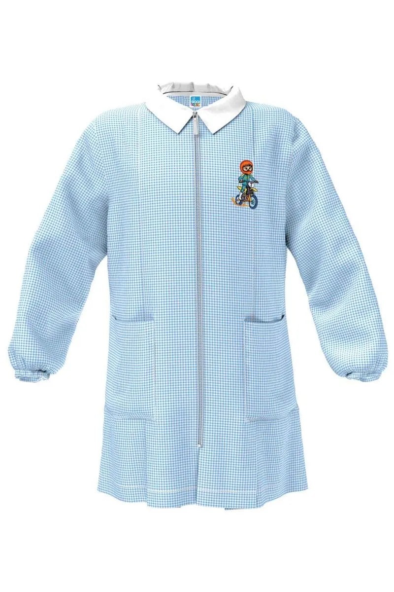 Grembiule asilo quadretti celesti bambino con zip Siggi ricamo Cross 4356