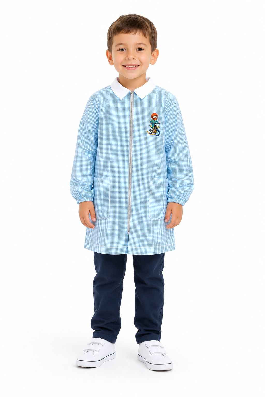 Grembiule asilo quadretti celesti bambino con zip Siggi ricamo Cross 4356