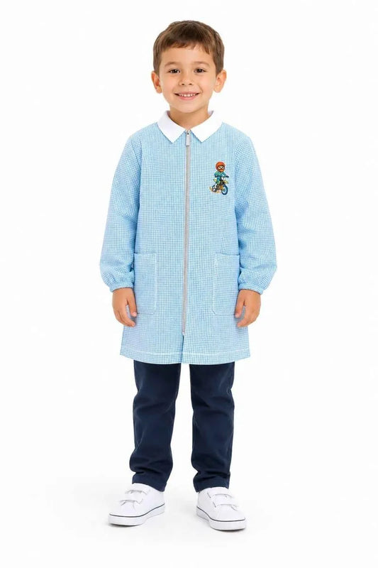 Grembiule asilo quadretti celesti bambino con zip Siggi ricamo Cross 4356
