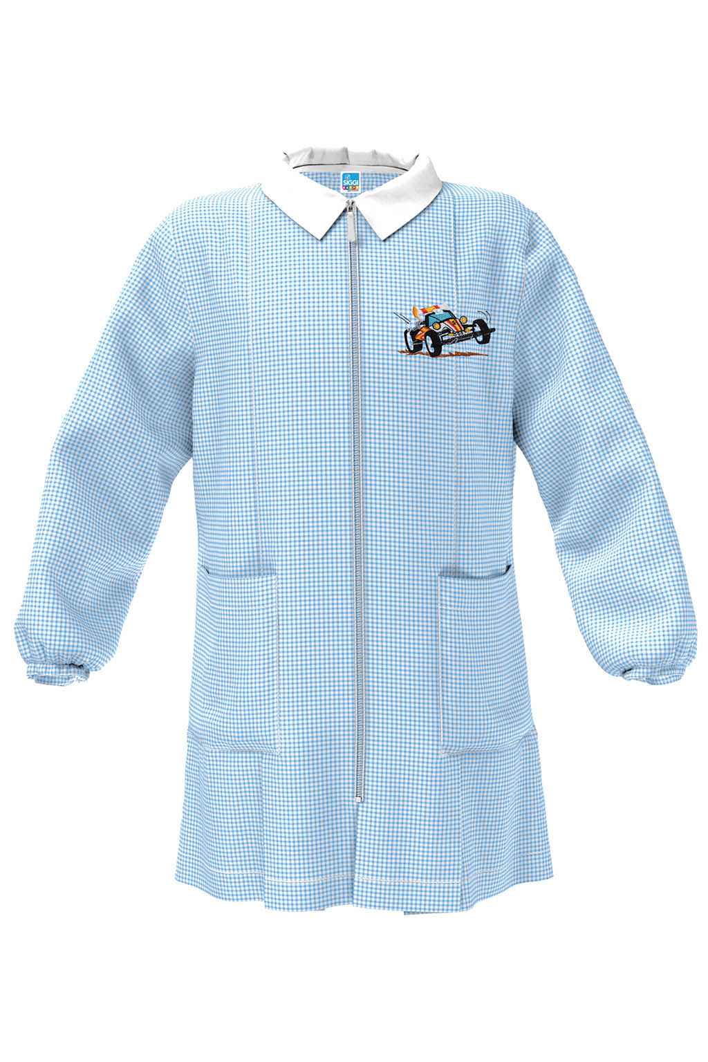 Grembiule asilo quadretti celesti bambino con zip Siggi ricamo Racer 4357
