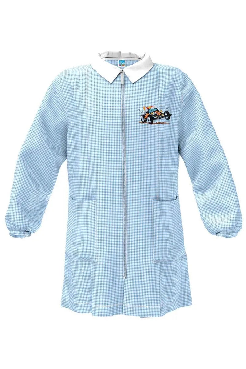 Grembiule asilo quadretti celesti bambino con zip Siggi ricamo Racer 4357