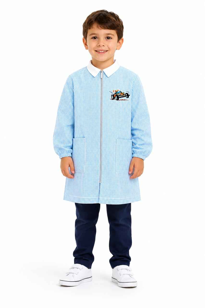 Grembiule asilo quadretti celesti bambino con zip Siggi ricamo Racer 4357