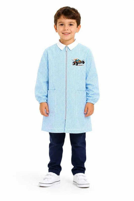 Grembiule asilo quadretti celesti bambino con zip Siggi ricamo Racer 4357