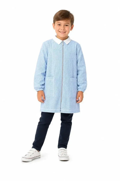 Grembiule asilo quadretti celesti bambino con zip Siggi senza ricamo 3379