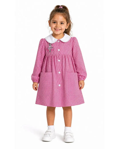 Grembiule asilo quadretti rosa bambina con abbottonatura centrale Ambrosino ricamo Ballerina R301