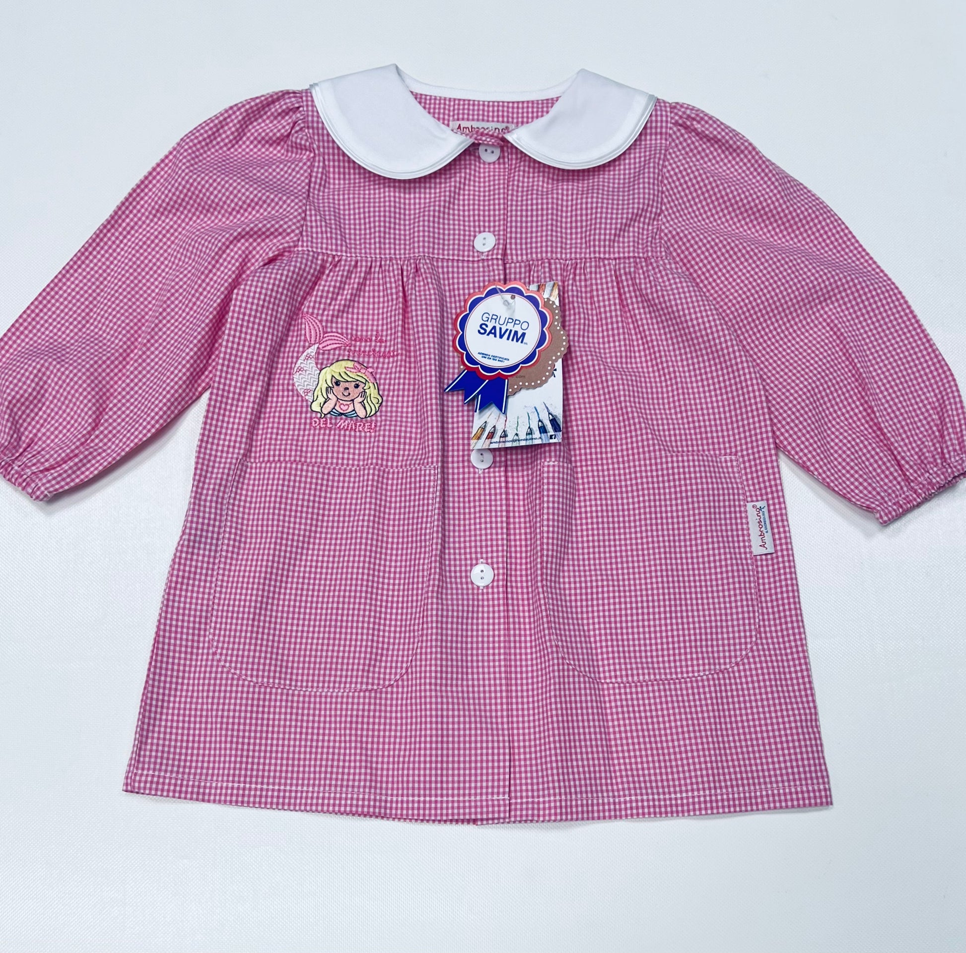 Grembiule asilo quadretti rosa bambina con abbottonatura centrale Ambrosino ricamo Sirenetta Q305