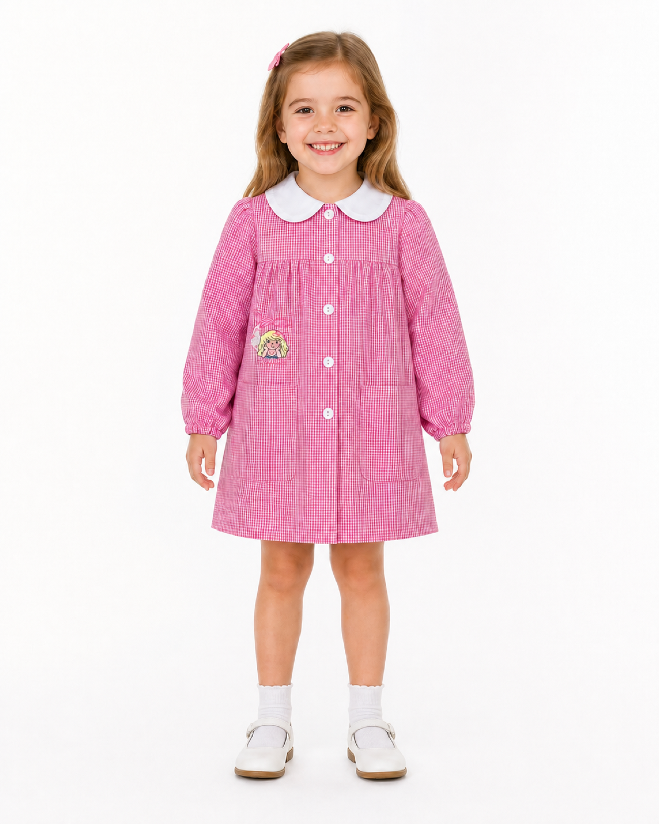 Grembiule asilo quadretti rosa bambina con abbottonatura centrale Ambrosino ricamo Sirenetta Q305