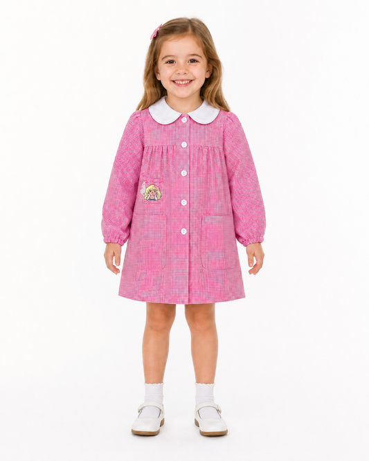 Grembiule asilo quadretti rosa bambina con abbottonatura centrale Ambrosino ricamo Sirenetta Q305