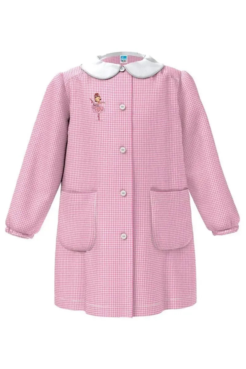 Grembiule asilo quadretti rosa bambina con abbottonatura centrale centrale Siggi ricamo Ballerina 4028