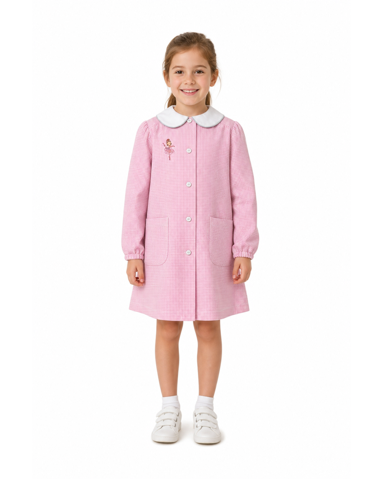 Grembiule asilo quadretti rosa bambina con abbottonatura centrale centrale Siggi ricamo Ballerina 4028