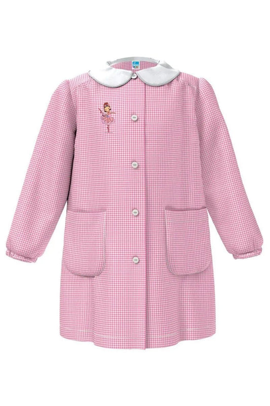 Grembiule asilo quadretti rosa bambina con abbottonatura centrale centrale Siggi ricamo Ballerina 4028