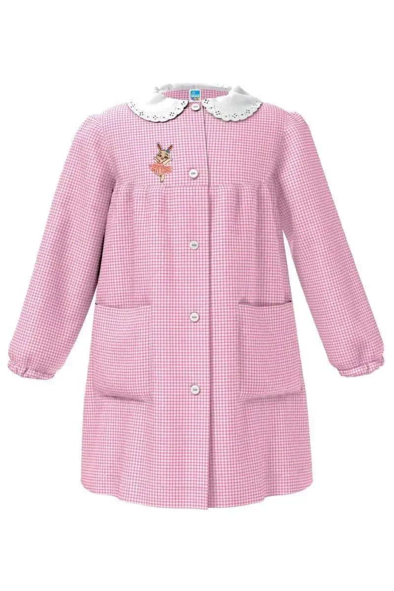Grembiule asilo quadretti rosa bambina con abbottonatura centrale centrale Siggi ricamo Coniglietta Ballerina 4180
