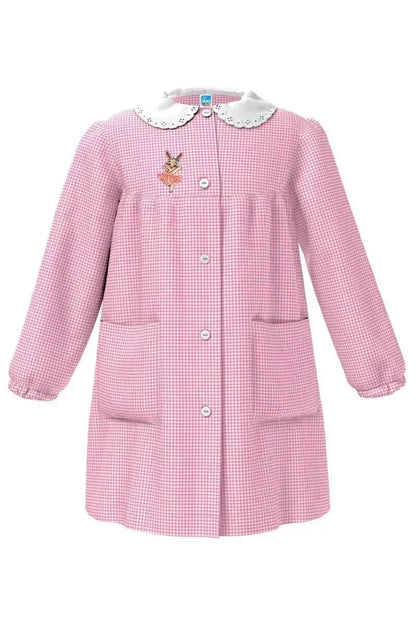 Grembiule asilo quadretti rosa bambina con abbottonatura centrale centrale Siggi ricamo Coniglietta Ballerina 4180