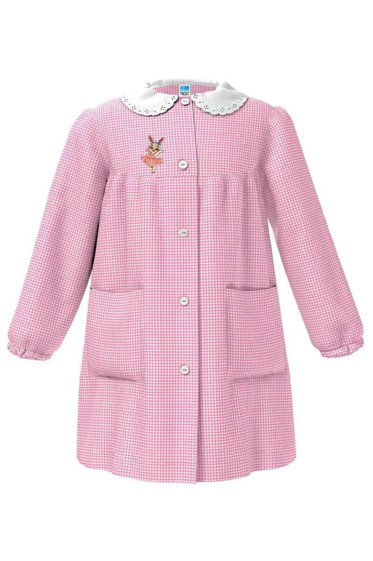 Grembiule asilo quadretti rosa bambina con abbottonatura centrale centrale Siggi ricamo Coniglietta Ballerina 4180