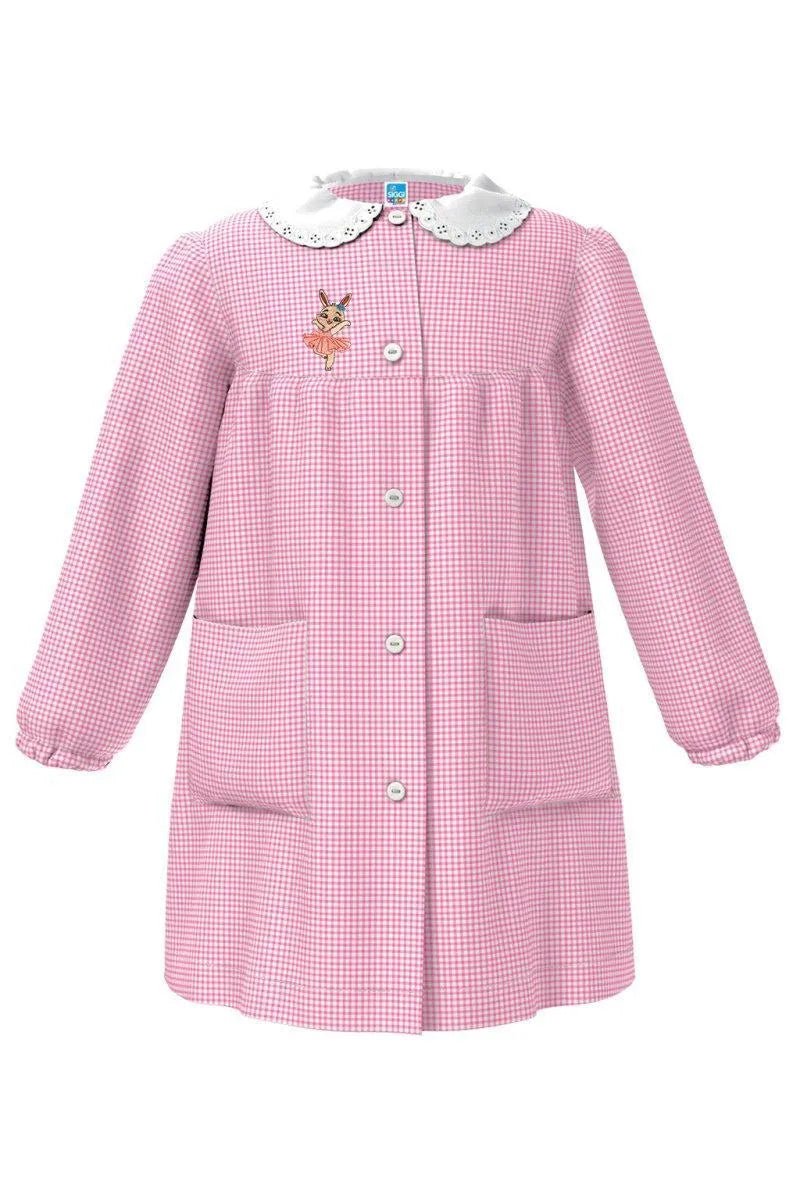 Grembiule asilo quadretti rosa bambina con abbottonatura centrale centrale Siggi ricamo Coniglietta Ballerina 4180