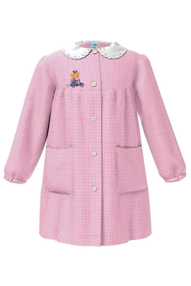 Grembiule asilo quadretti rosa bambina con abbottonatura centrale centrale Siggi ricamo Vespa 4027