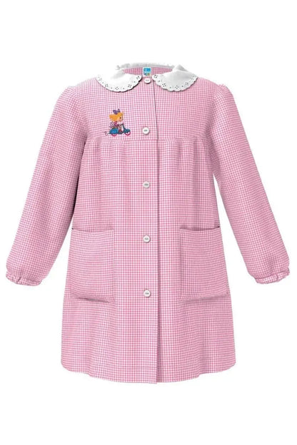 Grembiule asilo quadretti rosa bambina con abbottonatura centrale centrale Siggi ricamo Vespa 4027
