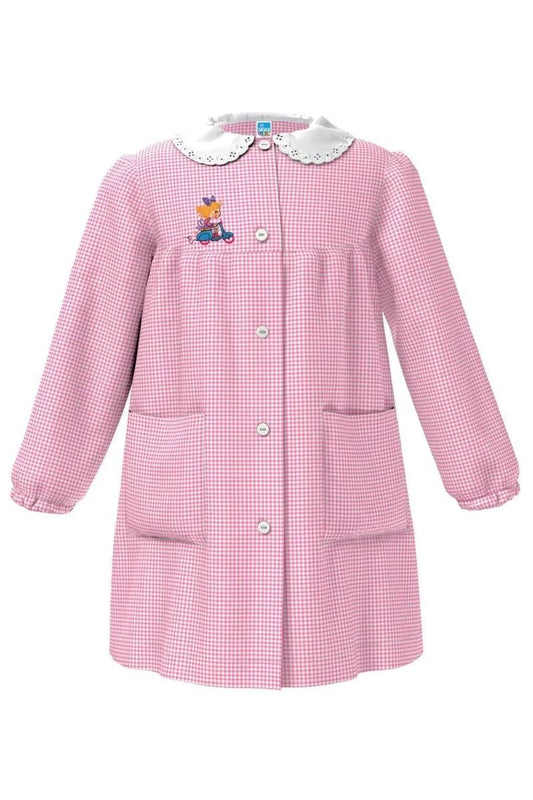 Grembiule asilo quadretti rosa bambina con abbottonatura centrale centrale Siggi ricamo Vespa 4027