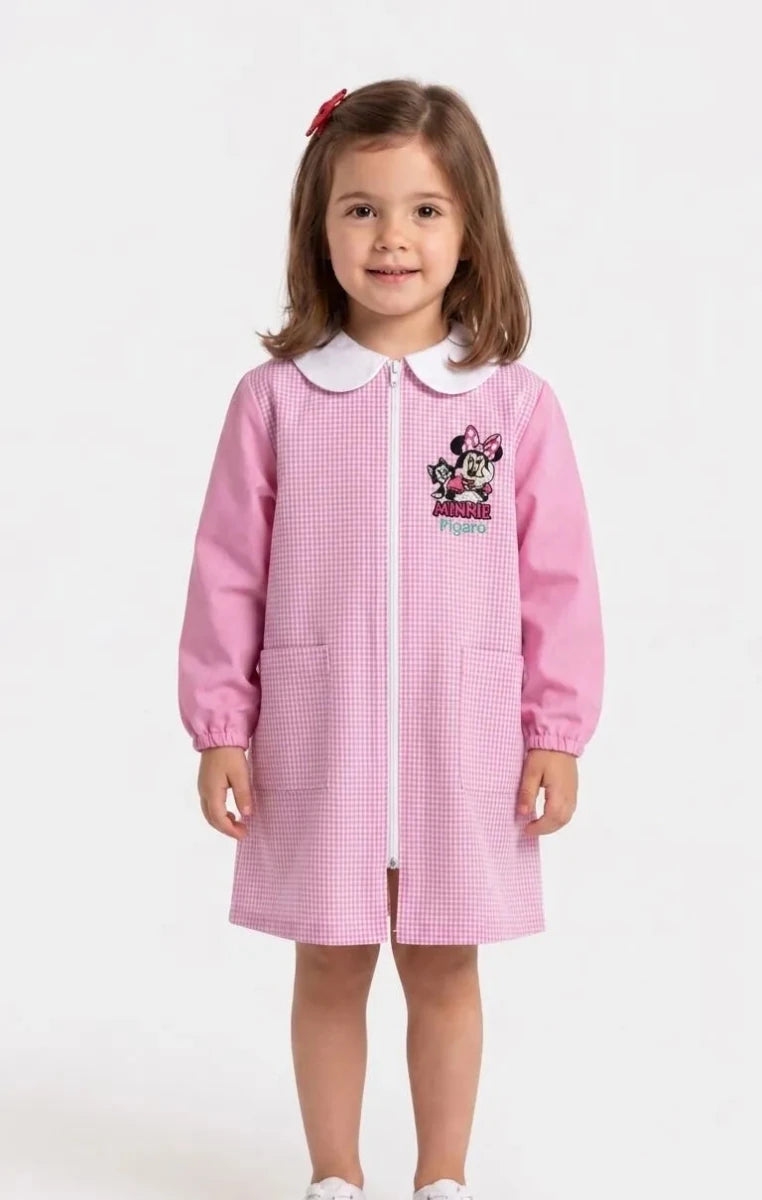 Grembiule asilo quadretti rosa bambina made in Italy con Zip Disney ricamo Minnie G102ZIPA26