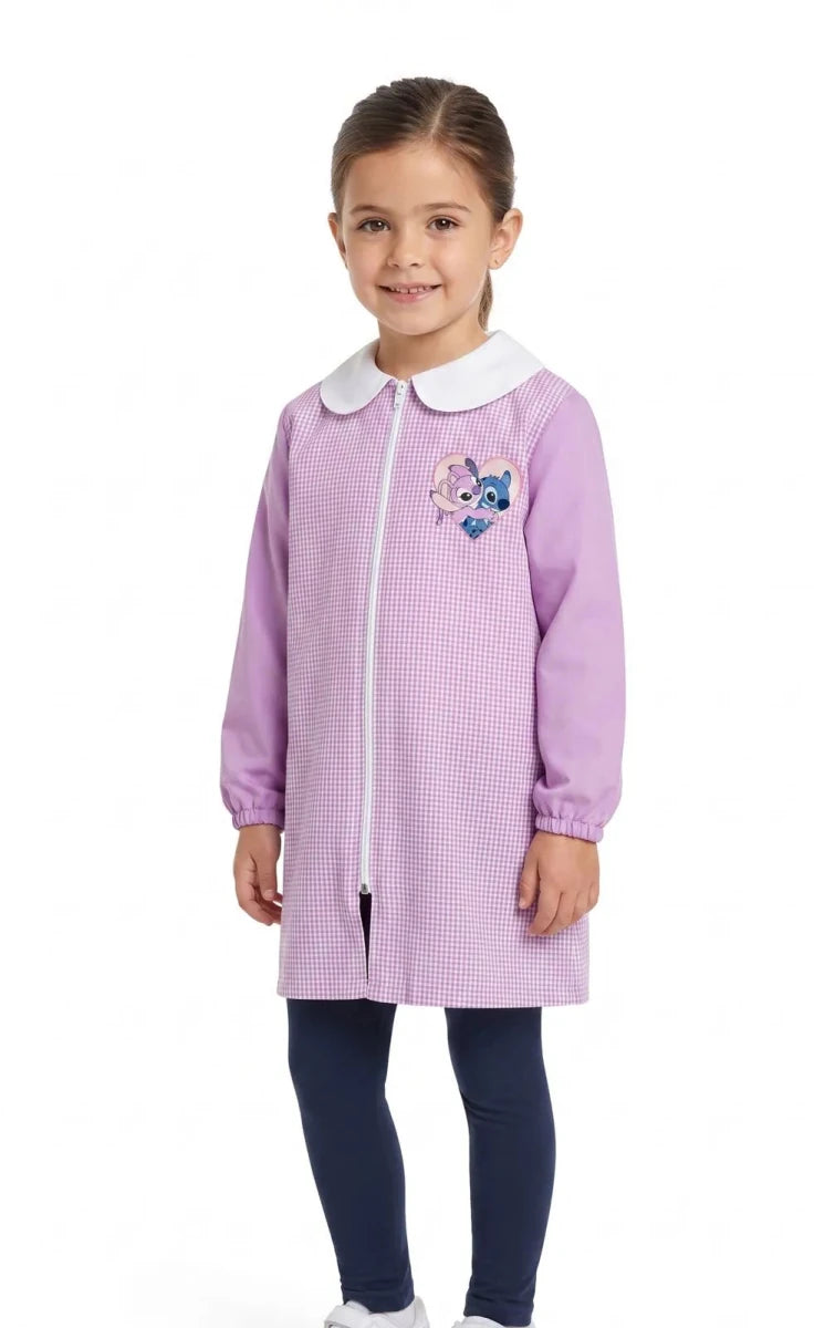 Grembiule asilo quadretti rosa bambina made in Italy con Zip Disney ricamo Stitch G107ZIPA26