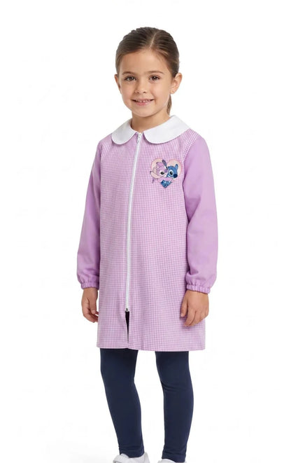 Grembiule asilo quadretti rosa bambina made in Italy con Zip Disney ricamo Stitch G107ZIPA26