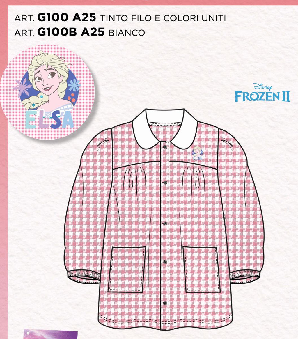 Grembiule asilo quadretti rosa bambina made in Italy con abbottonatura centrale Disney ricamo Frozen G100