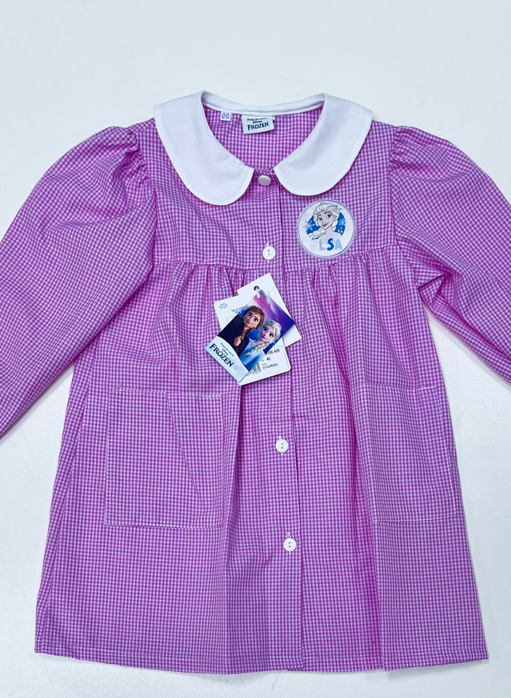 Grembiule asilo quadretti rosa bambina made in Italy con abbottonatura centrale Disney ricamo Frozen G100