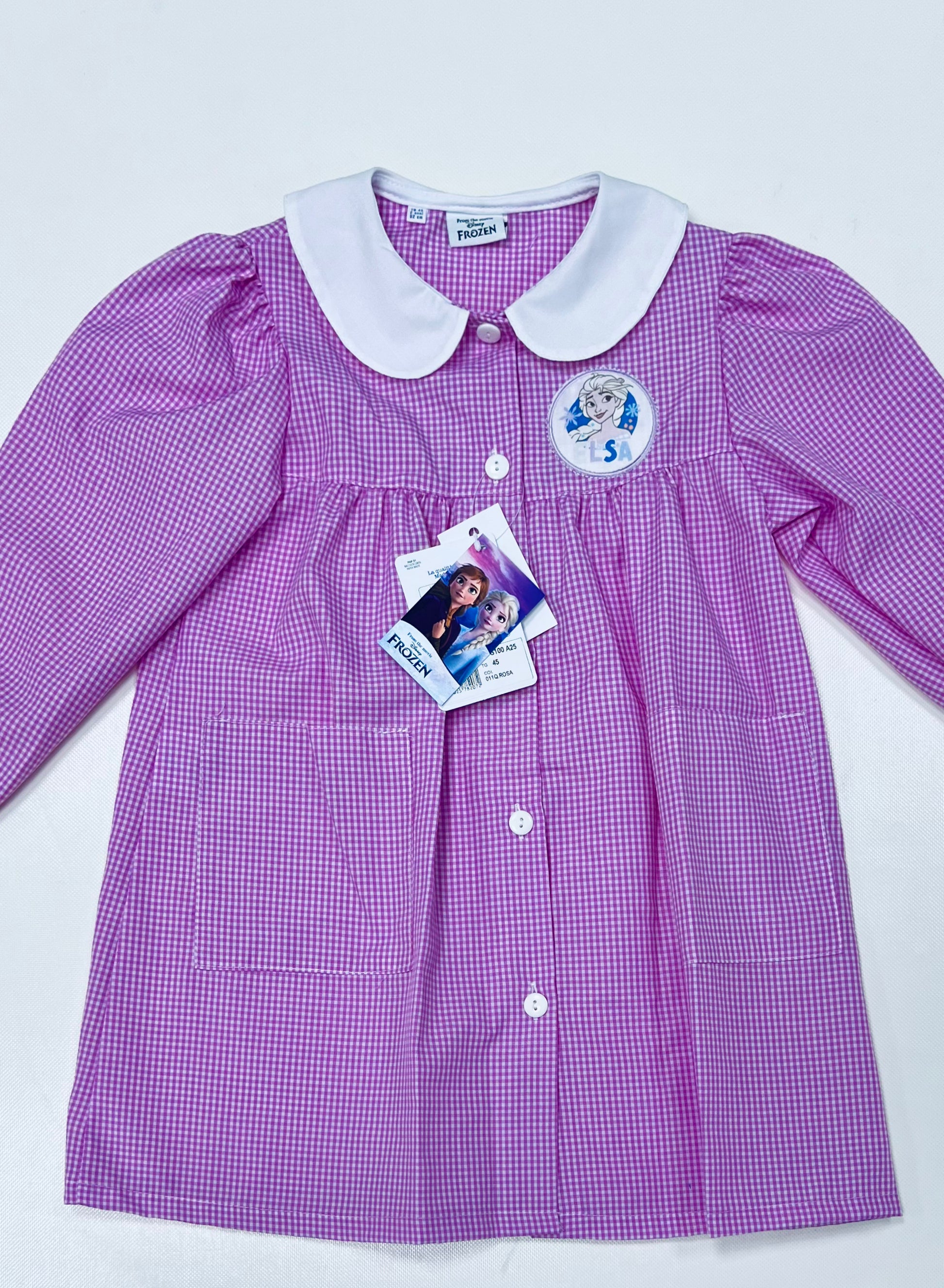Grembiule asilo quadretti rosa bambina made in Italy con abbottonatura centrale Disney ricamo Frozen G100