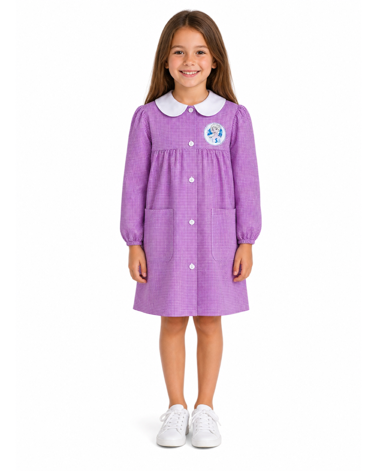 Grembiule asilo quadretti rosa bambina made in Italy con abbottonatura centrale Disney ricamo Frozen G100