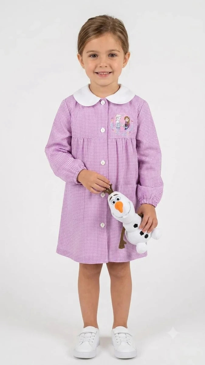 Grembiule asilo quadretti rosa bambina made in Italy con abbottonatura centrale Disney ricamo Frozen G100A26