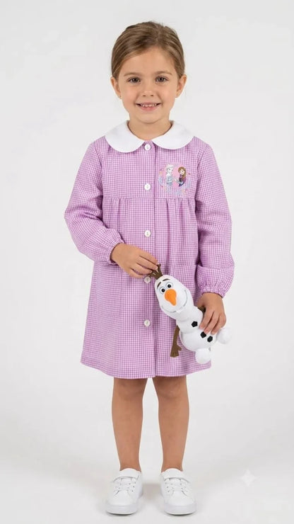 Grembiule asilo quadretti rosa bambina made in Italy con abbottonatura centrale Disney ricamo Frozen G100A26